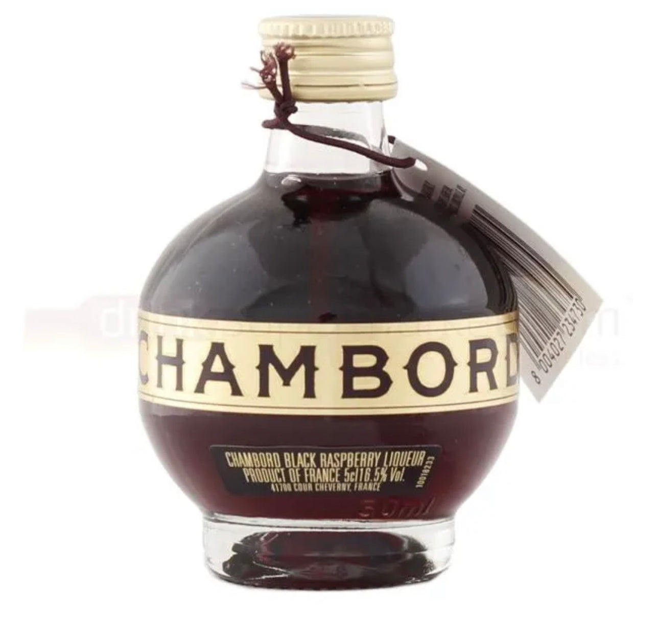 A miniature bottle of Chambord Raspberry Liqueur with a white label and gold accents on a clear background.