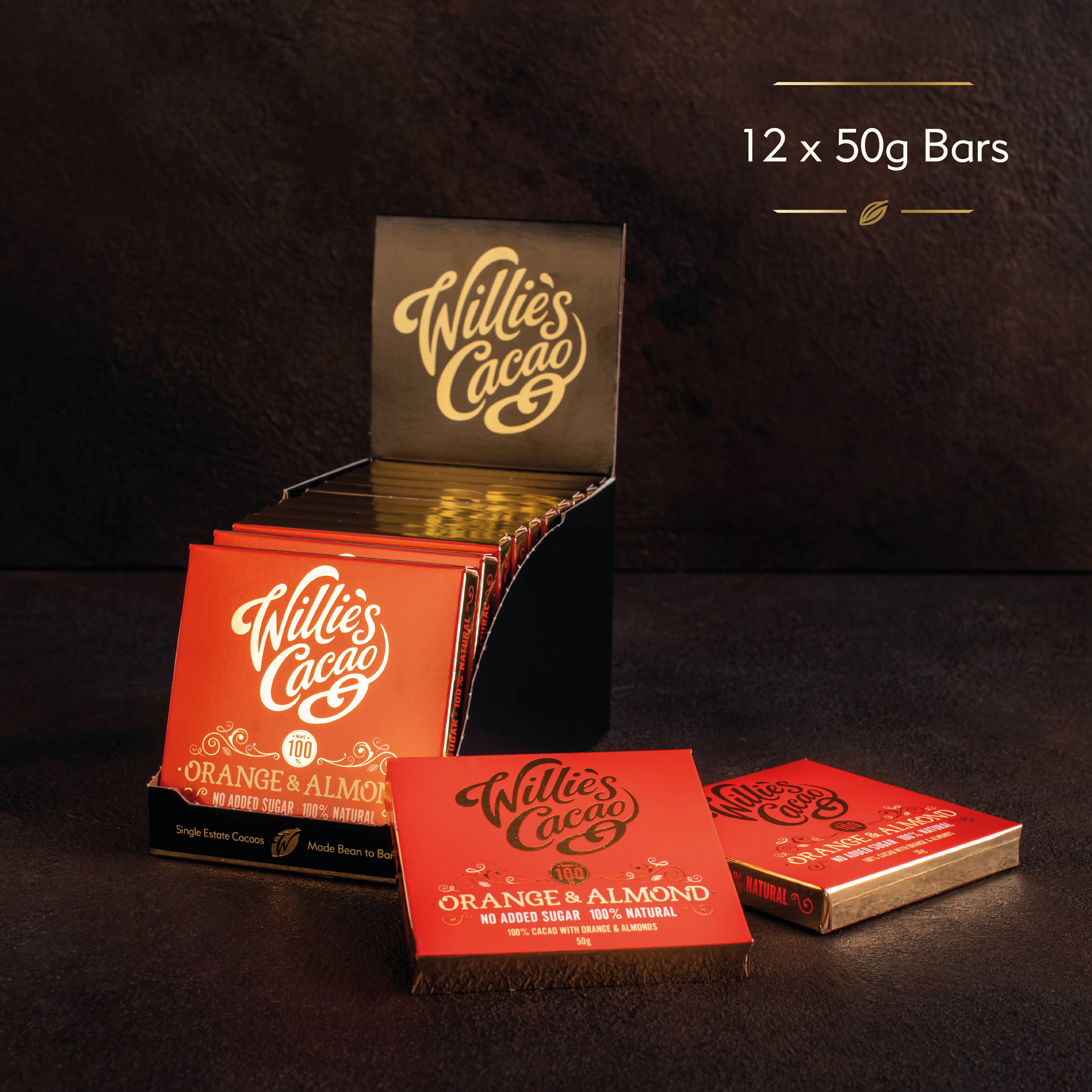 Orange & Almond. 100% cacao. No Added Sugar. Vegan. 50g bar