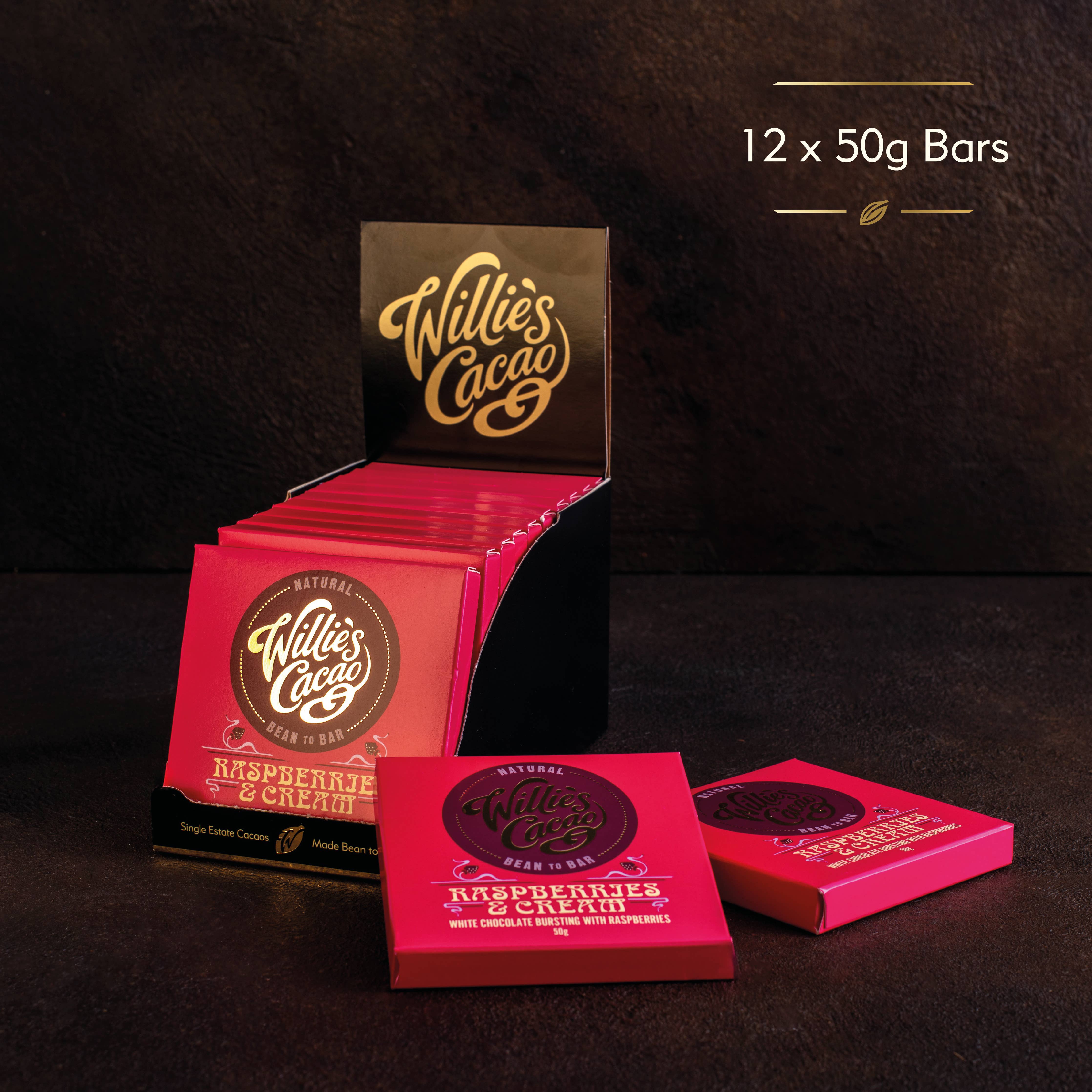 Raspberries & Cream. White chocolate w. raspberries 50g bar