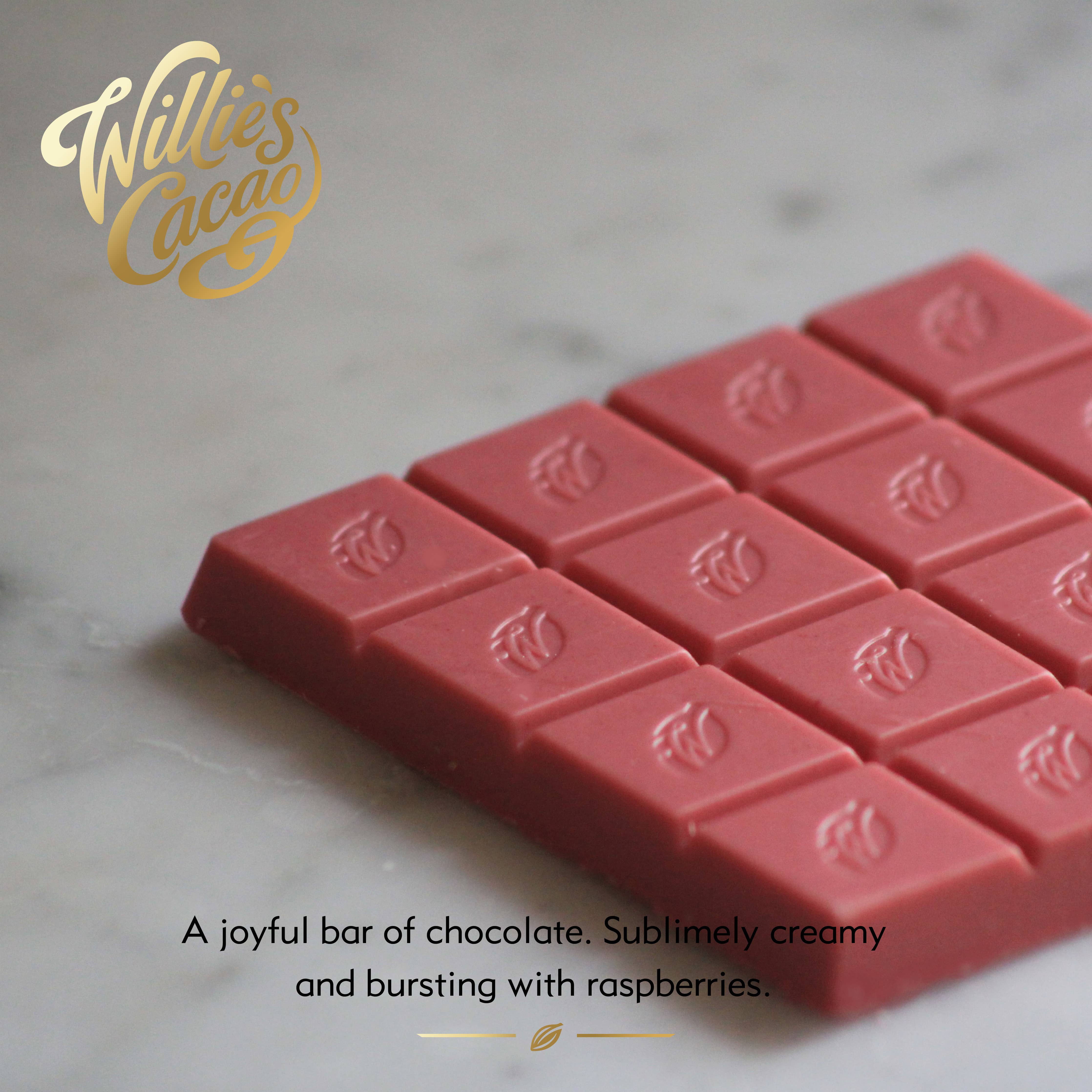 Raspberries & Cream. White chocolate w. raspberries 50g bar