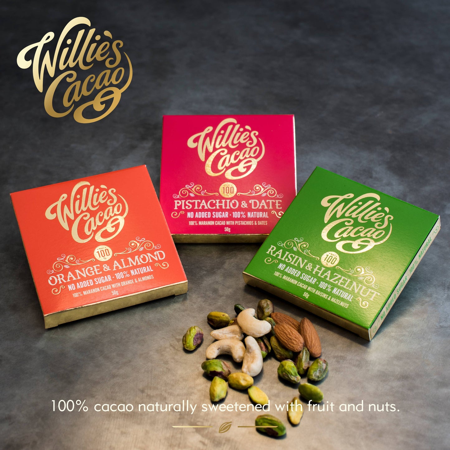 Orange & Almond. 100% cacao. No Added Sugar. Vegan. 50g bar