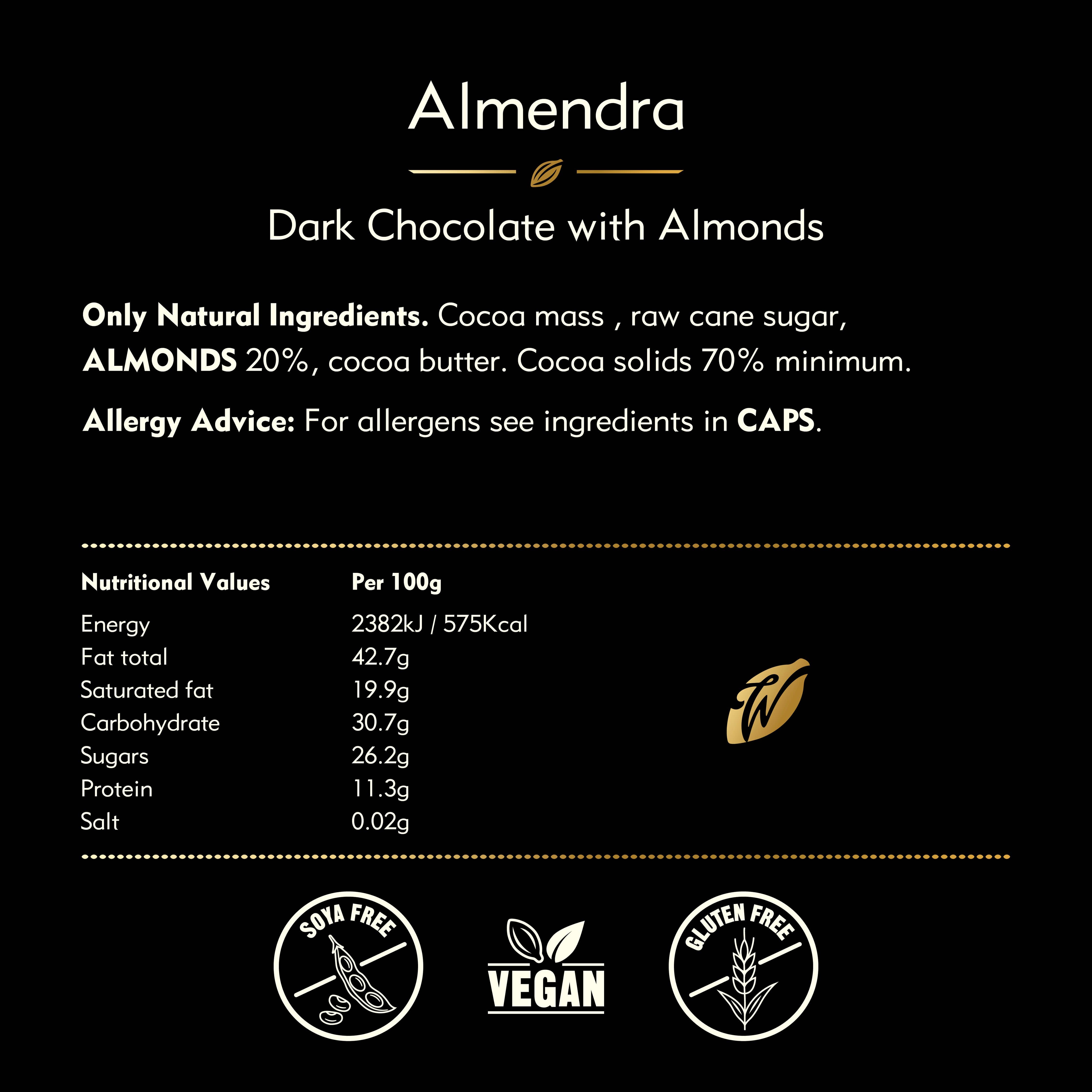 Almendra. Dark chocolate with almonds. Vegan. 50g bar