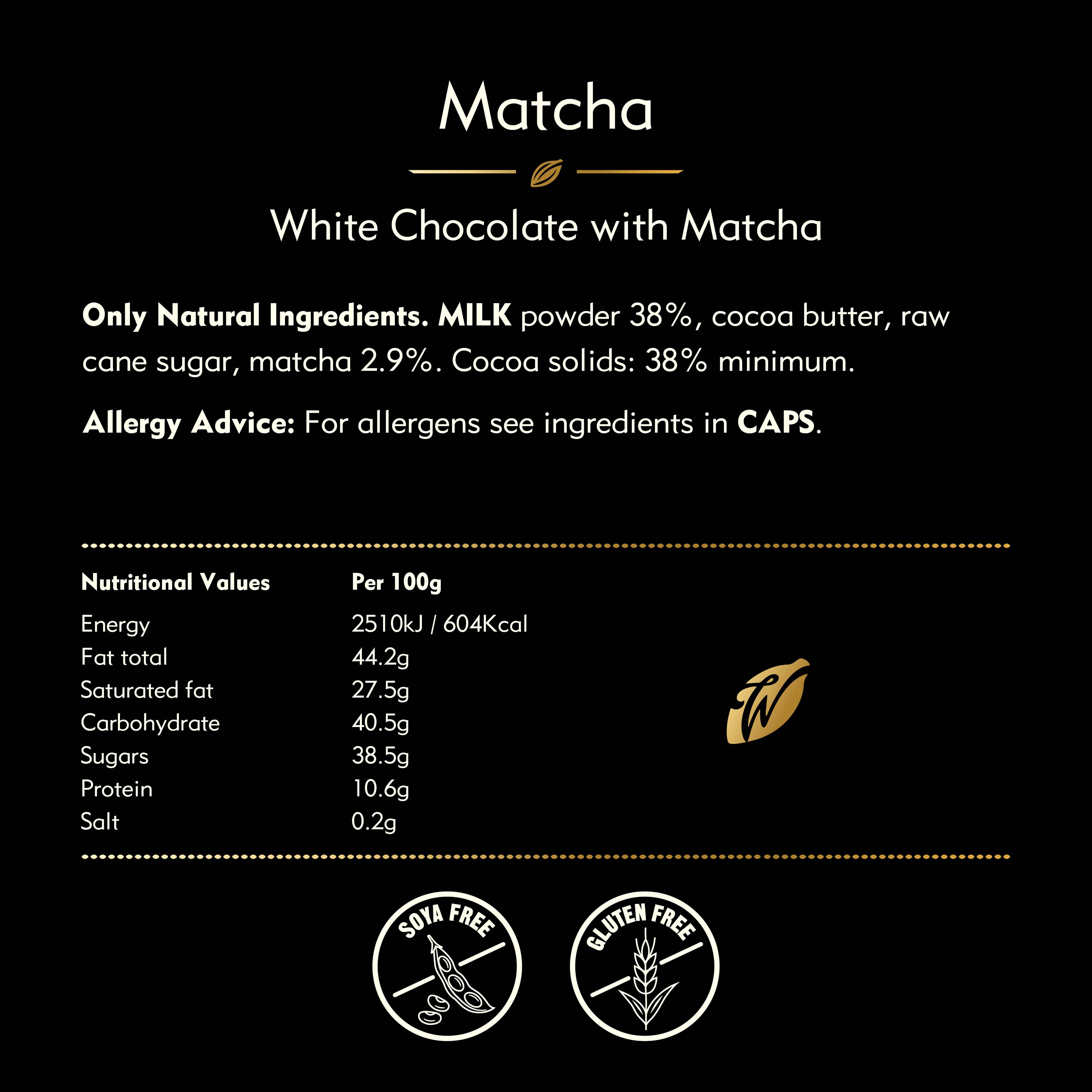 Matcha. White chocolate w. ceremonial grade matcha. 50g bar