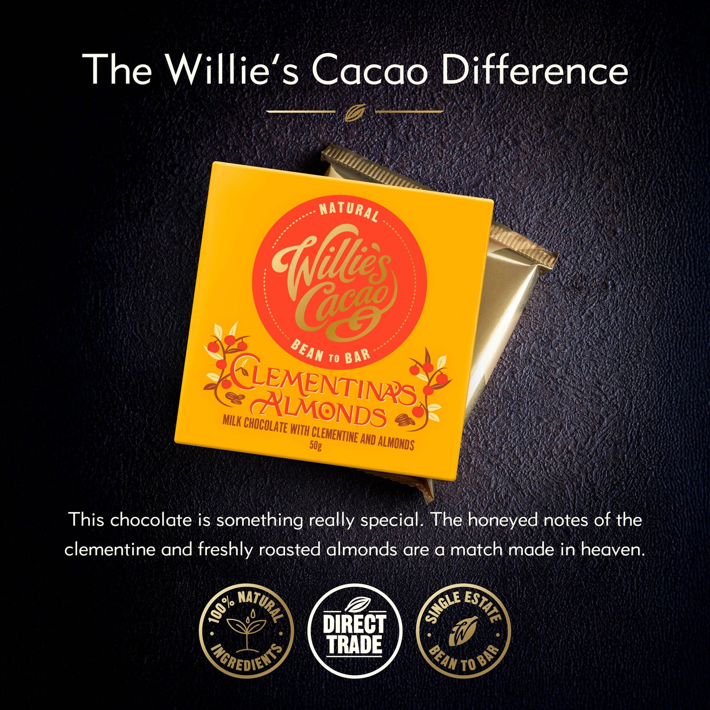 Clementina's Almonds. Milk chocolate. 50g bar