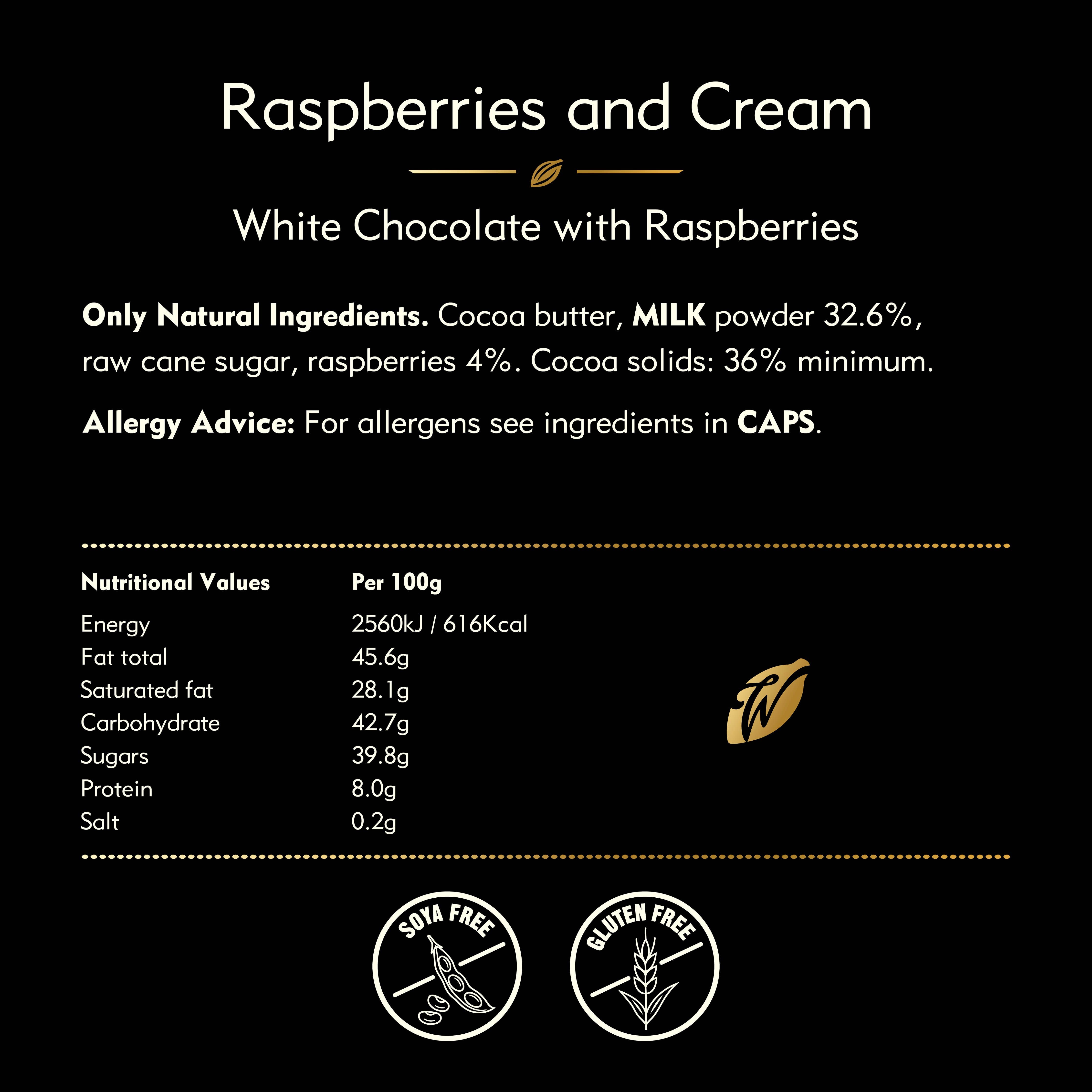 Raspberries & Cream. White chocolate w. raspberries 50g bar