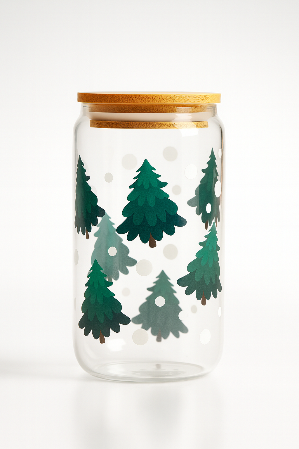 Glass jar with wooden lid featuring green tree patterns on a white background