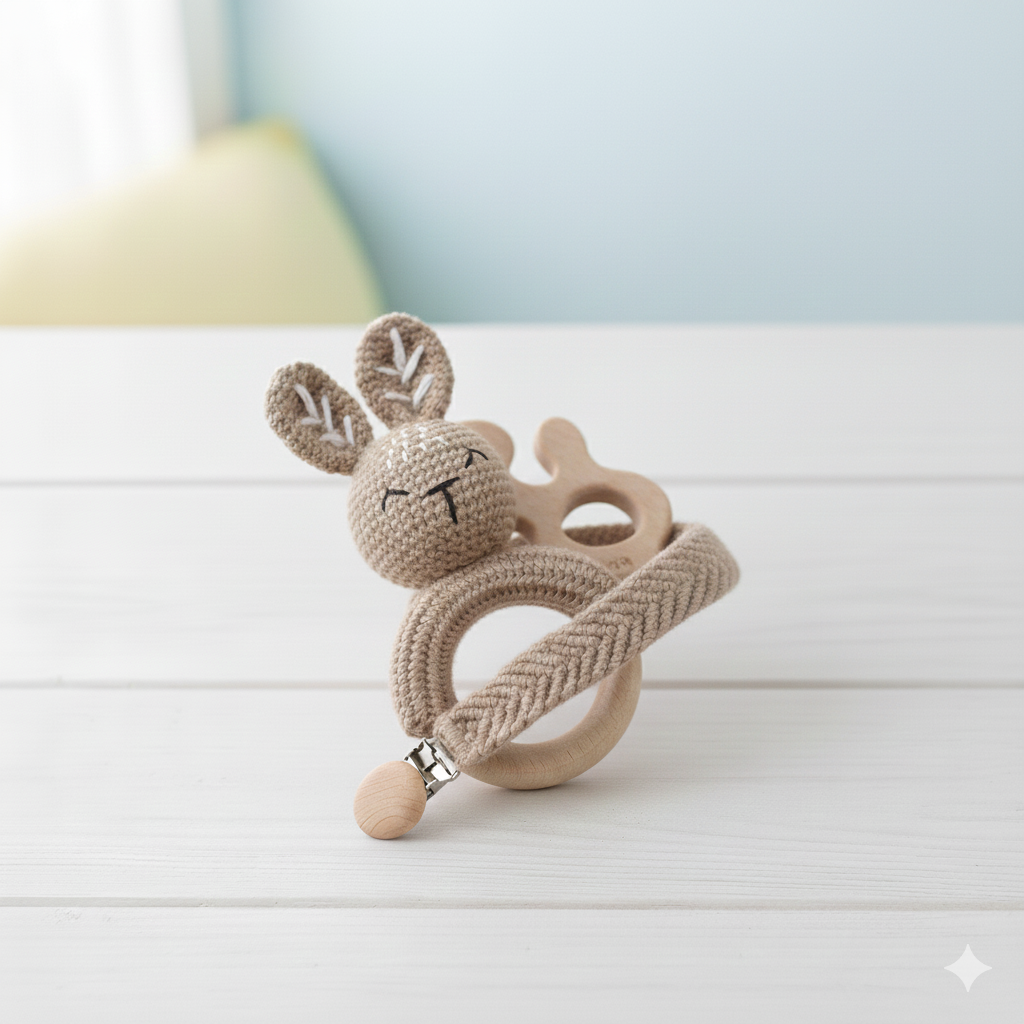 Crocheted bunny rattle toy on a white surface with a light blue background