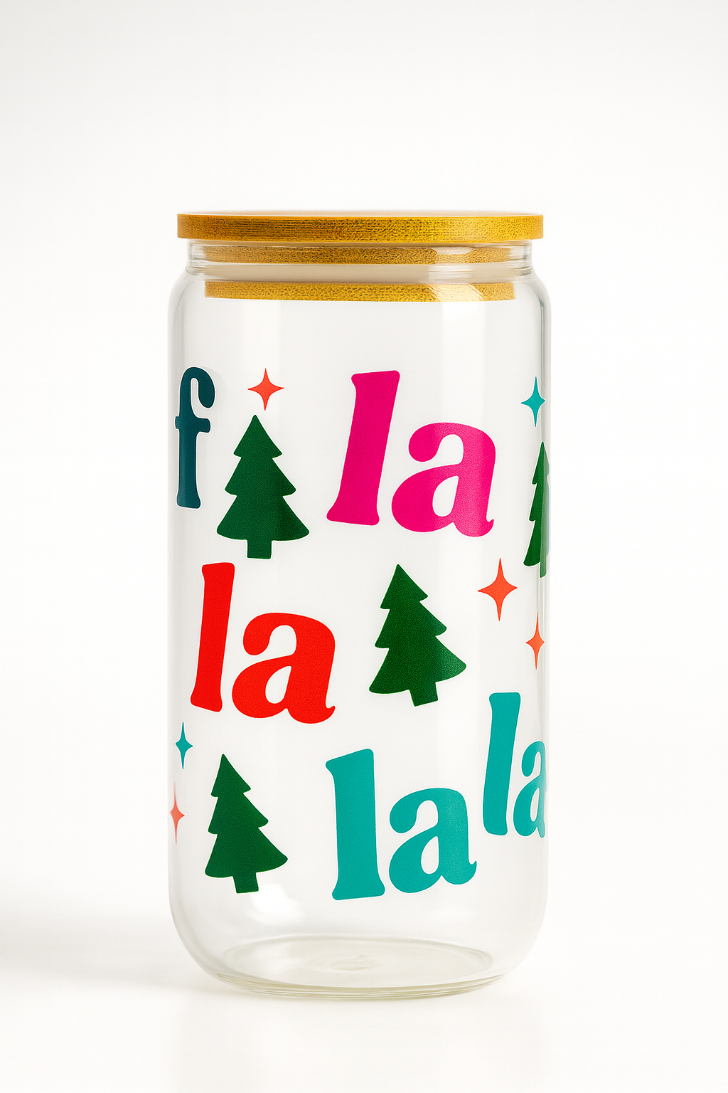 Clear glass jar with colorful 'fa la la la' text and Christmas tree designs on a white background