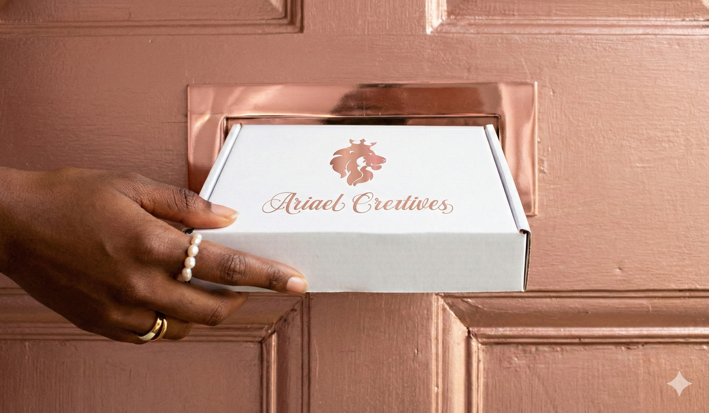 Hand opening a box with 'Ariel Creatives' branding on a wooden door.