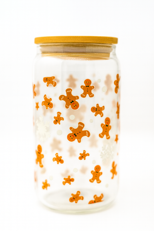 Jar with gingerbread man pattern on a white background