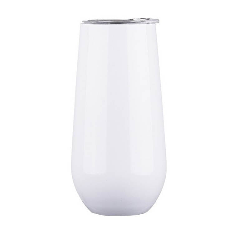 A white, sleek, stemless champagne tumbler with a glossy finish.