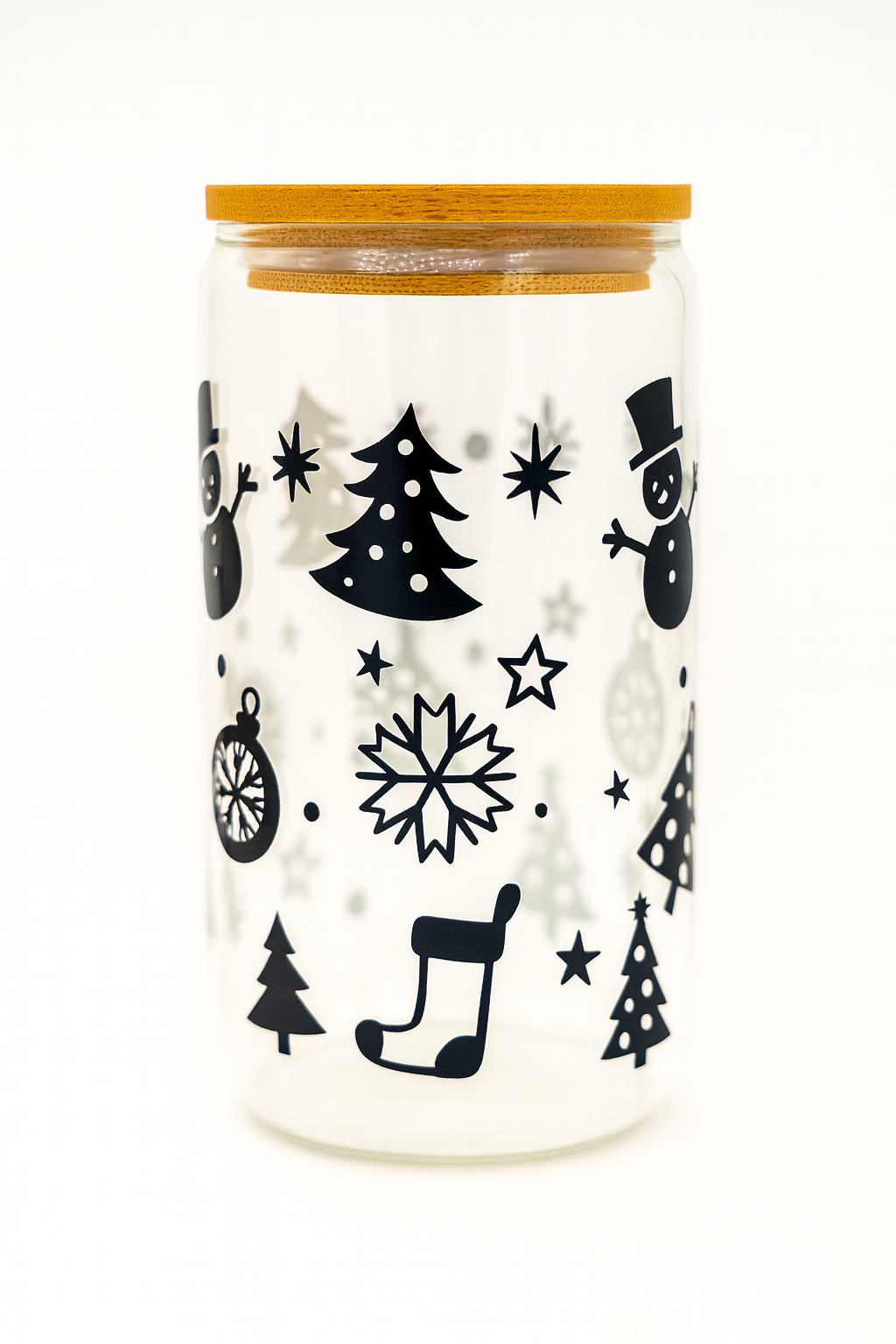 Jar with Christmas-themed design on a white background
