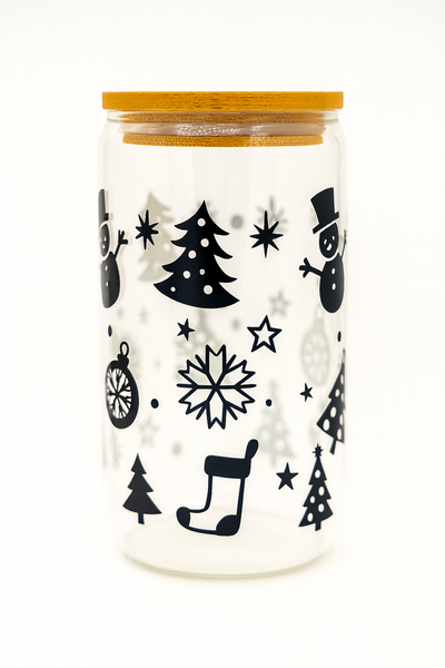 Jar with Christmas-themed design on a white background