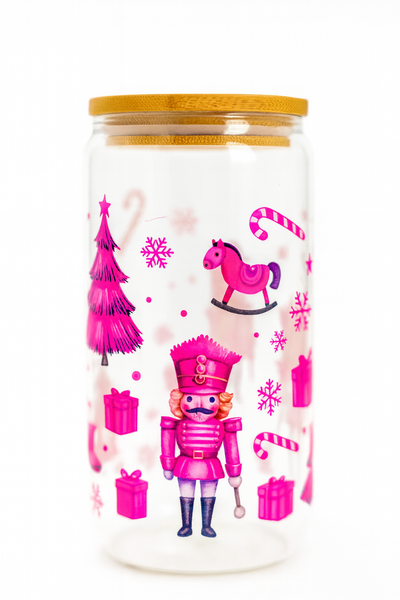 Decorative jar with pink Christmas-themed illustrations on a white background