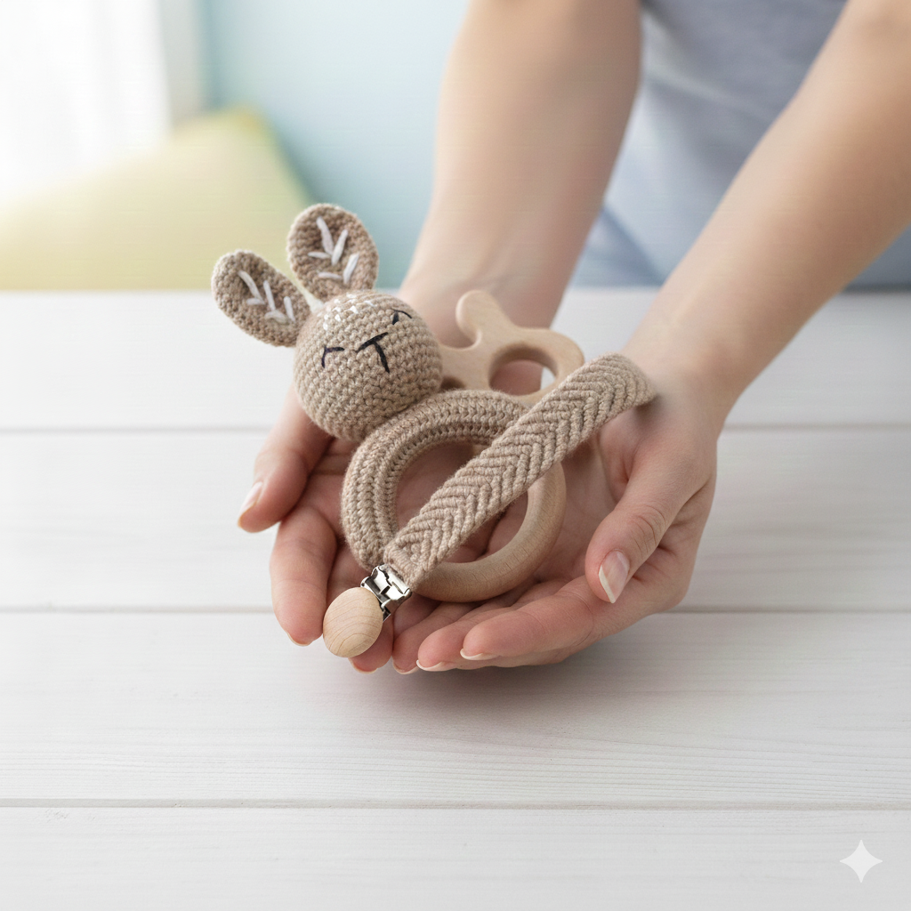 Hand holding a wooden teething ring with rabbit design on a light surface