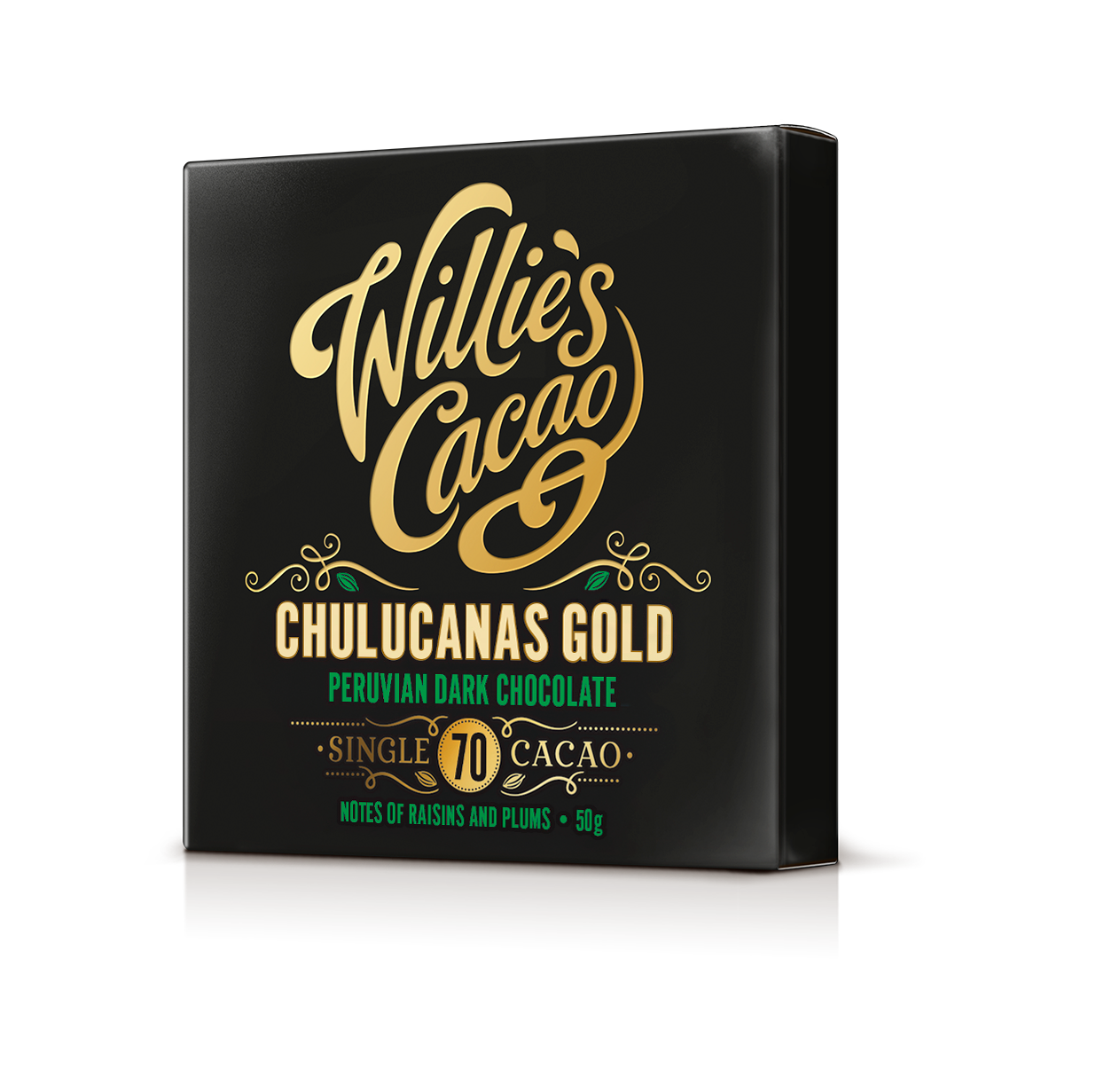 Willie's Cacao Chulucanas Gold Peruvian dark chocolate packaging on a white background