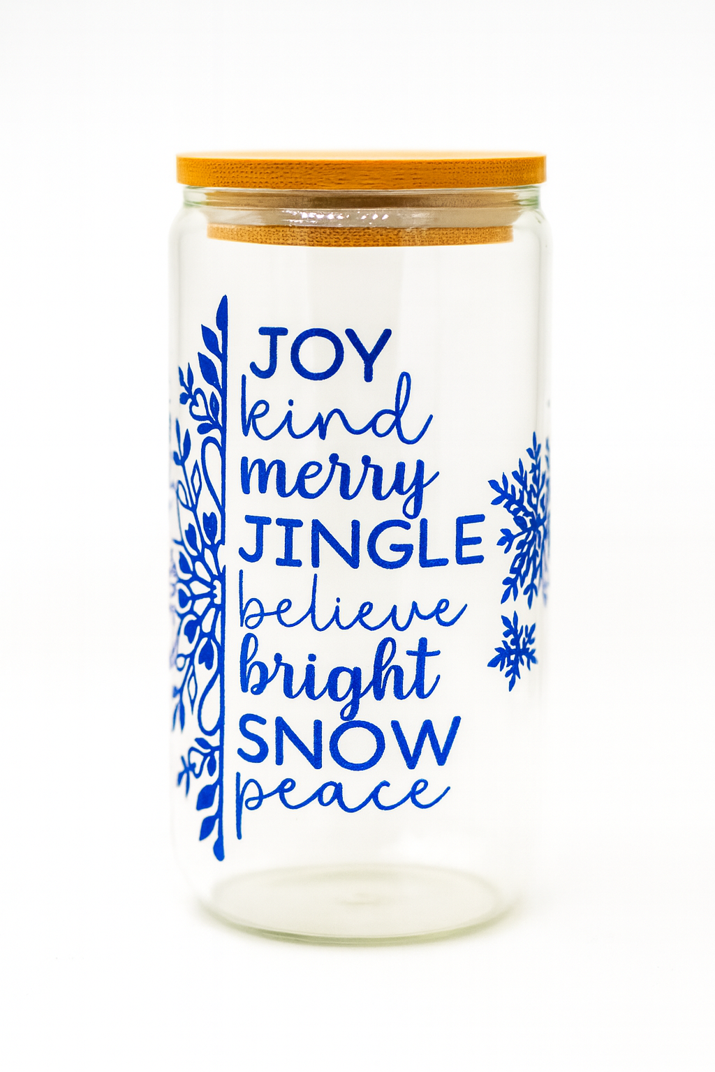 Tumbler with blue text and snowflake designs on a white background