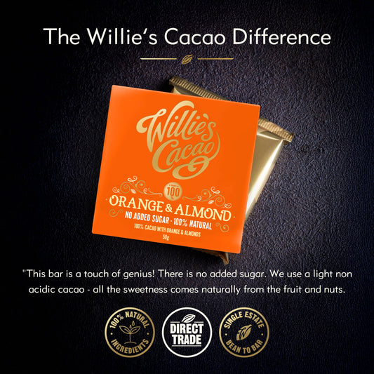 Orange & Almond. 100% cacao. No Added Sugar. Vegan. 50g bar