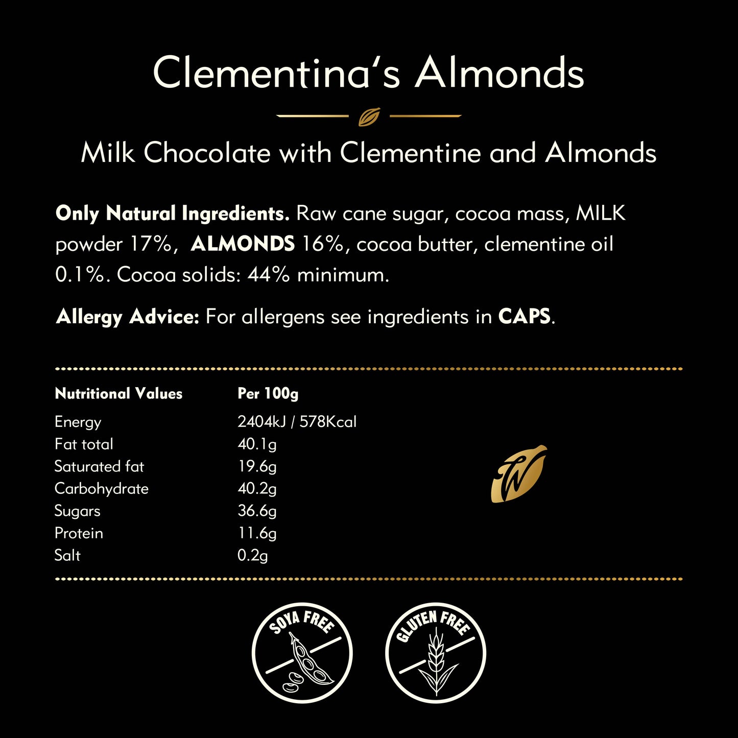 Clementina's Almonds. Milk chocolate. 50g bar