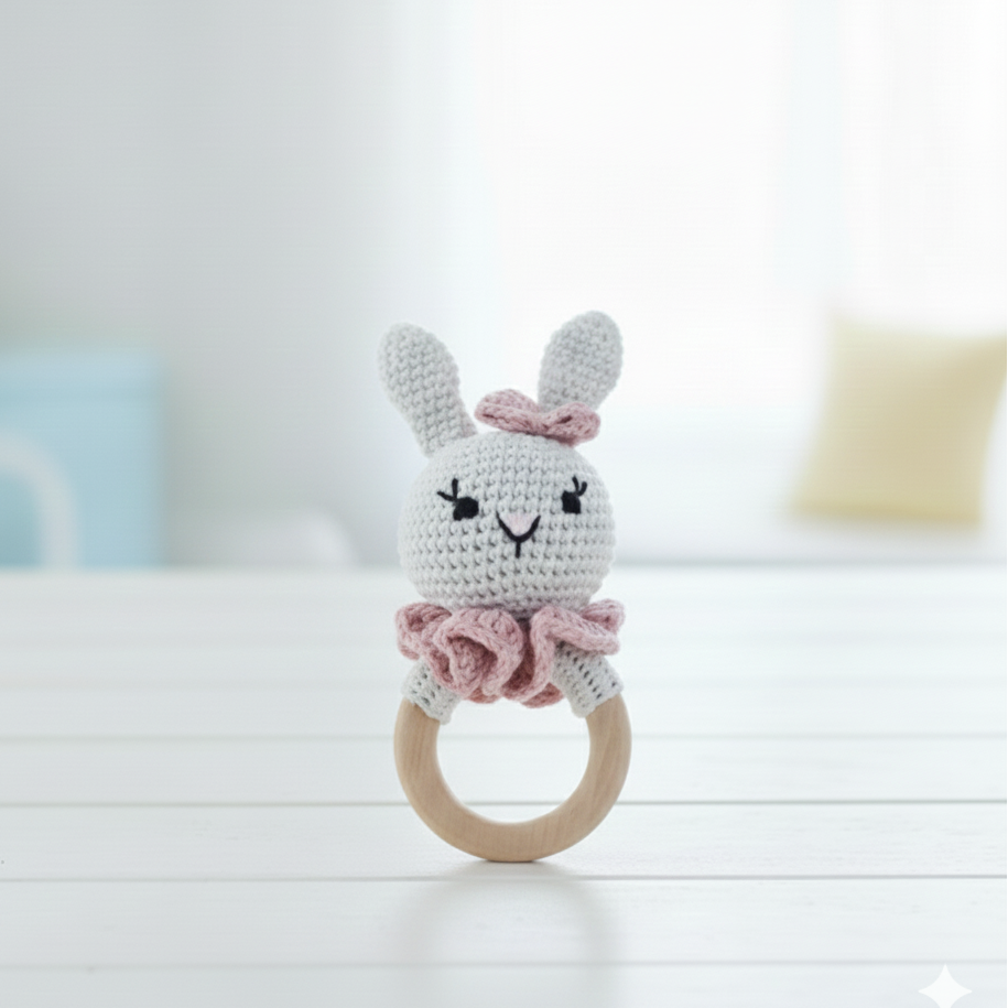 Crocheted rabbit teething ring with pink bow on a white surface